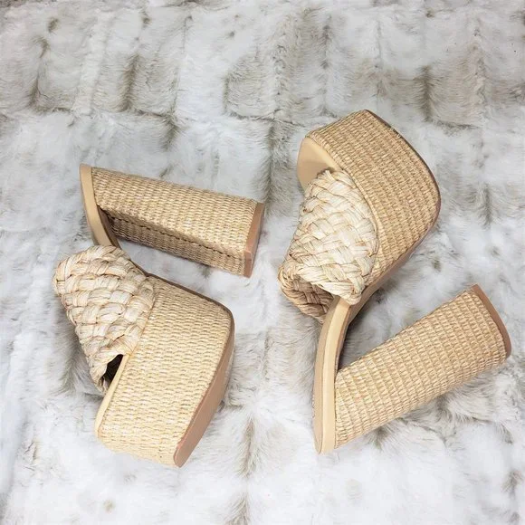 ☆ Cape Robbin Yara Nude Braided Strap High Block Heel Slip On Heeled Sandals - Picture 10 of 15